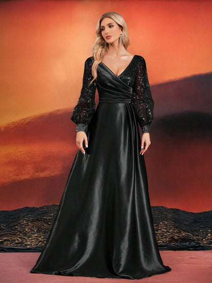 Luxury Blue V-Neck Sequin Evening Dress 2024 Elegant Women Party Maxi Dress Long Sleeve Cocktail Dress Prom Gown