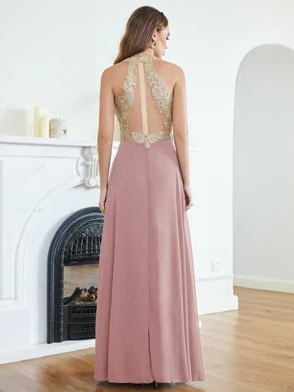 Elegant Long Prom Dresses Patchwork A-Line Evening Dress Chiffon Embroidery Appliques V-Neck Halter Illusion Back Party Gowns