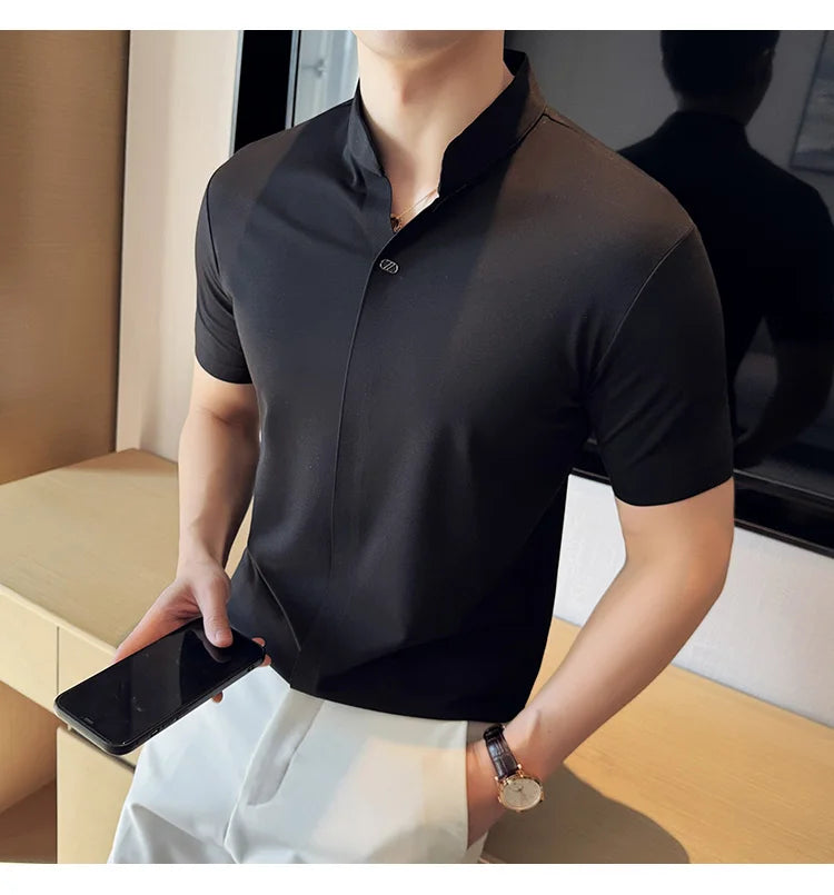 Men's High Elastic V-neck Polo Shirt, Thin Short-sleeve T-shirt, Business Casual Men's Top, 2024 High Quality, M-4XL.