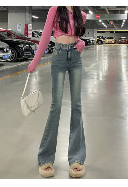 Autumn Winter American Sle High Waist Slim Fit Drapey Micro Flared Jeans Women's Premium Denim Pants