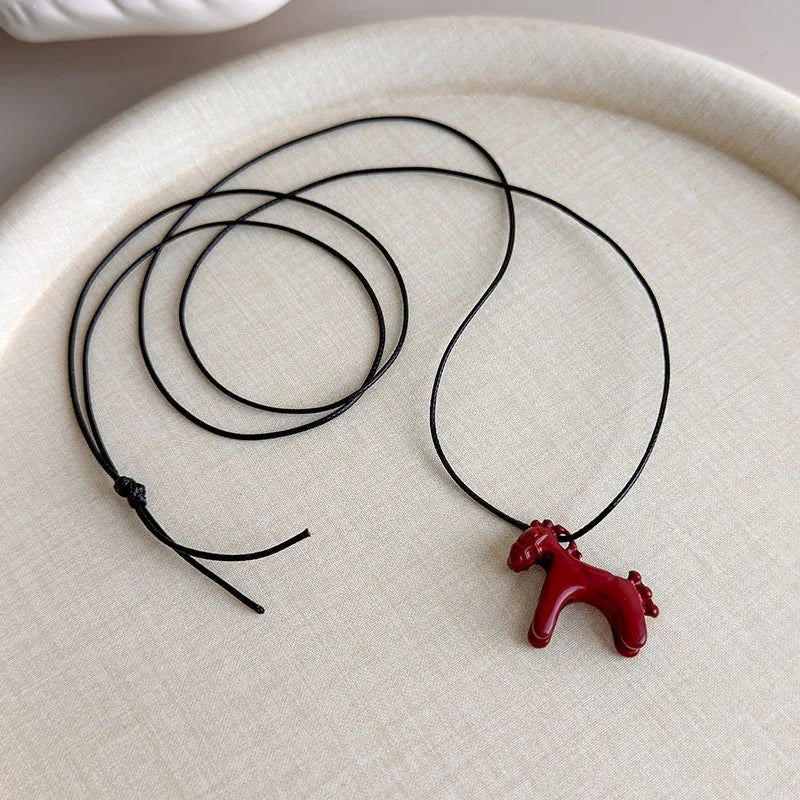 Minar Funny Metallic Cartoon Horse Multi Tassel Beads Pendant Necklaces for Women Female Adjustable Long Wax Rope Chain Chokers