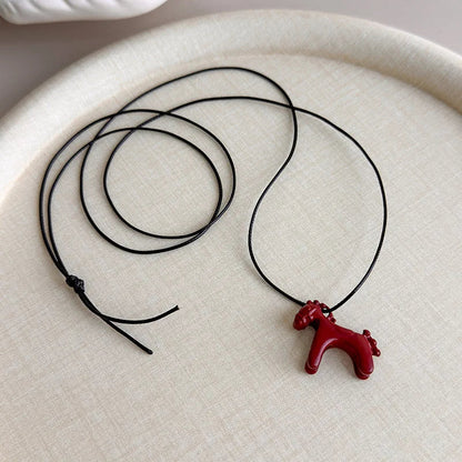 Minar Funny Metallic Cartoon Horse Multi Tassel Beads Pendant Necklaces for Women Female Adjustable Long Wax Rope Chain Chokers