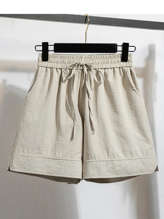 Plus Size Summer Shorts For Women 2025 Summer Ice Silk Drawstring Large Size Loose Shorts Women Korean Streetwear Shorts Female