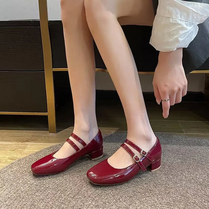 2025 New Women's Burgundy Patent Leather Mary Jane Pumps - Vintage-Inspired Double Gold Buckle Low Block Heel Dress Shoes