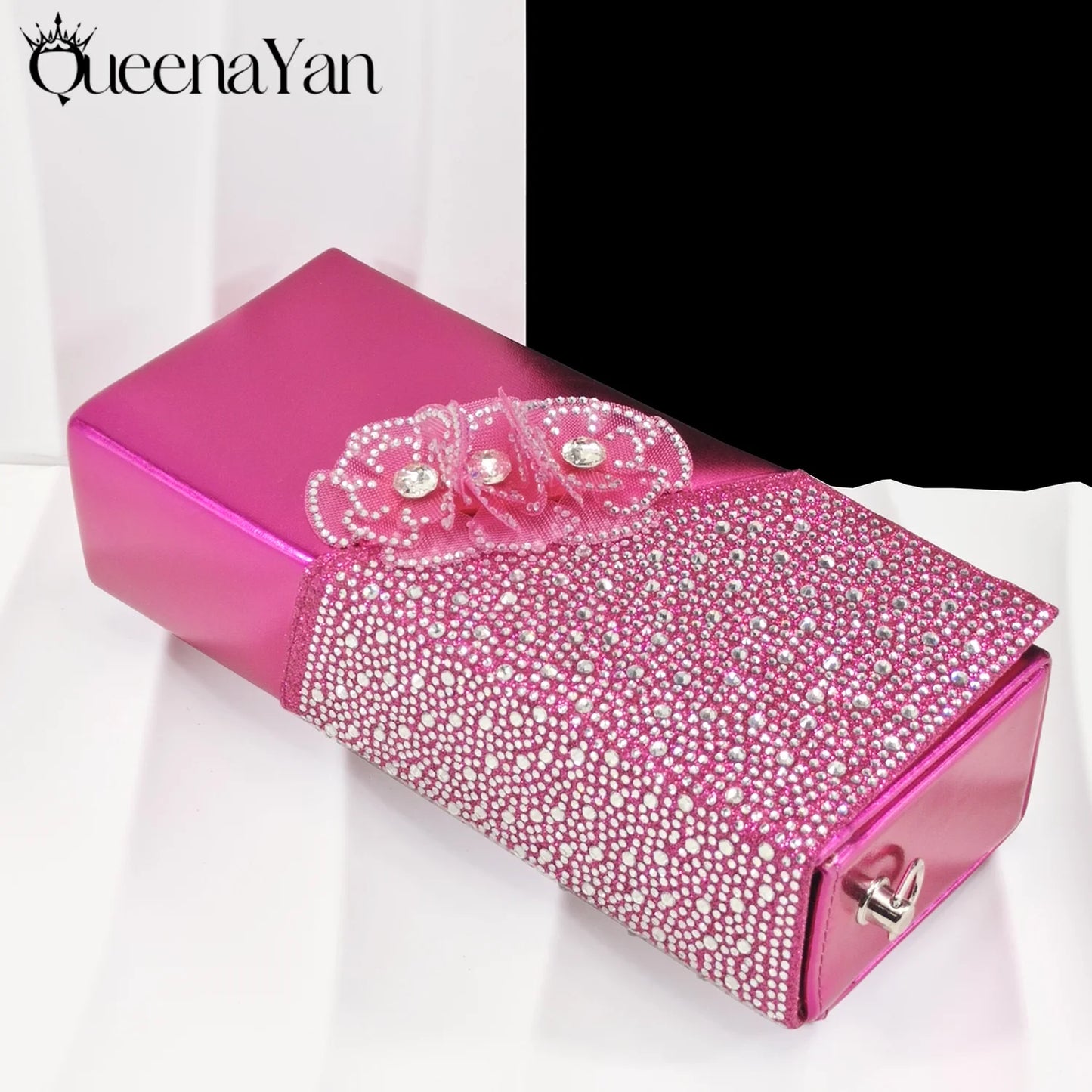 New Arrival Elegant Mature Fuchsia Color Rhinestone Design Pointed Toe High Heel and Bag Set for Party Wedding