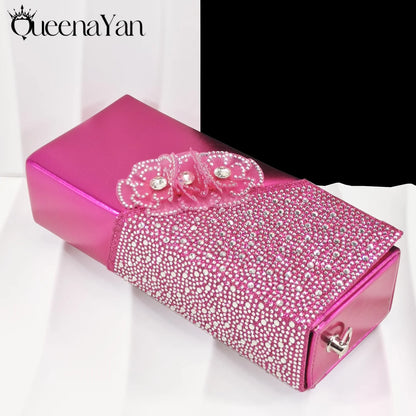 New Arrival Elegant Mature Fuchsia Color Rhinestone Design Pointed Toe High Heel and Bag Set for Party Wedding