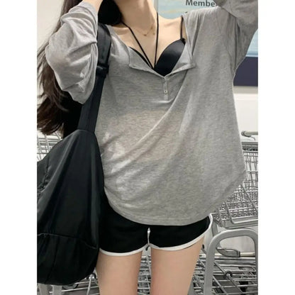 Korean Fashion Y2k Tank Top Long Sleeve V Collar Crop Top Button Sun Protection Frock Lady