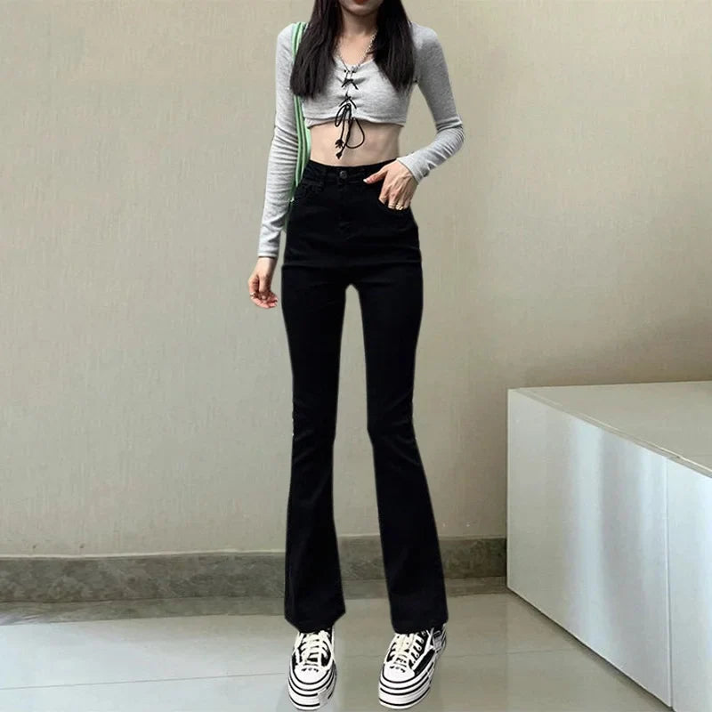 High-waist Elastic Slim Fit Street Style Straight Crotch Bell Bottoms