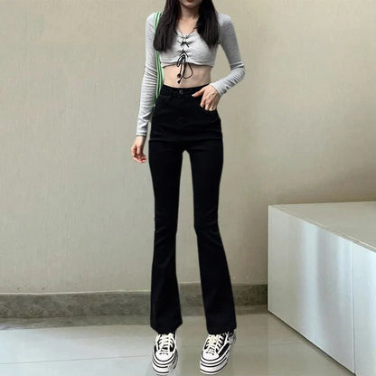 High-waist Elastic Slim Fit Street Style Straight Crotch Bell Bottoms