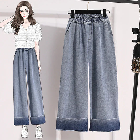 Autumn Large Size Loose Wide Leg Blue Denim Pants