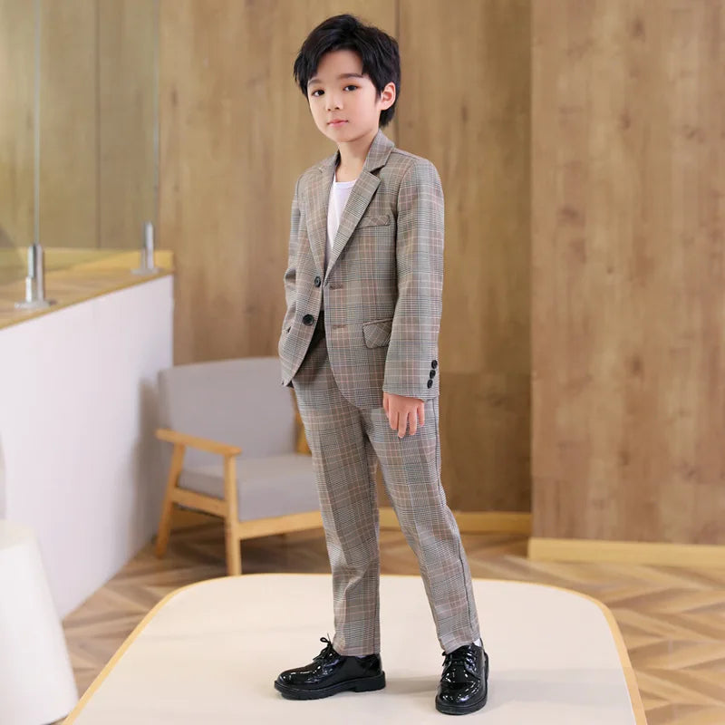 Spring Autumn Kids Boys Suits Elegant Children Boys Plaid Blazer Pant Suits Outfits Set Young Teenager Boys Formal Wedding Suits