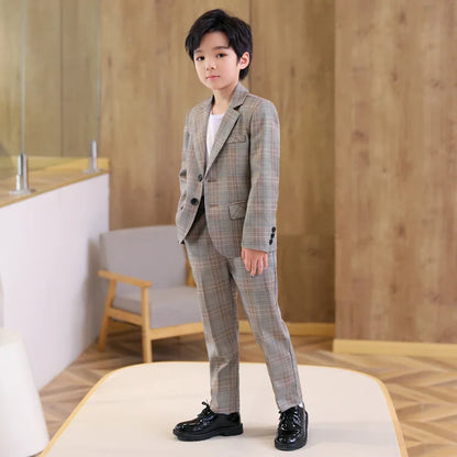 Spring Autumn Kids Boys Suits Elegant Children Boys Plaid Blazer Pant Suits Outfits Set Young Teenager Boys Formal Wedding Suits