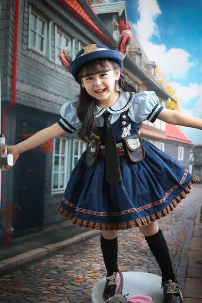 Judy Cosplay Costume Kids Carnival Party Dress Girls Tie Headdress Belt Socks Sets Police Role Play Movie Uniform Birthday Gift