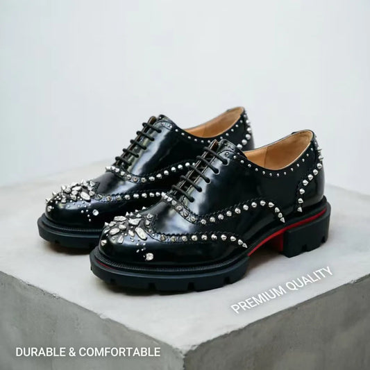 Men's Patent Leather Platform Oxfords Shiny Crystal Rivet Brogue Dress Shoes Luxury Lace-up Formal Business Wedding Party Male F