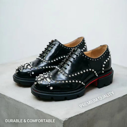 Men's Patent Leather Platform Oxfords Shiny Crystal Rivet Brogue Dress Shoes Luxury Lace-up Formal Business Wedding Party Male F