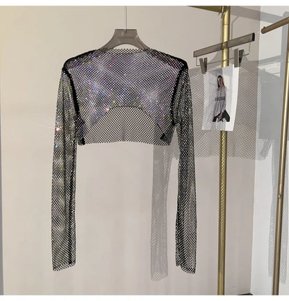 2023 new sexy bright diamond short top Slim thin Ms. hot drill long-sleeved T-shirt sexy leak waist nightclub