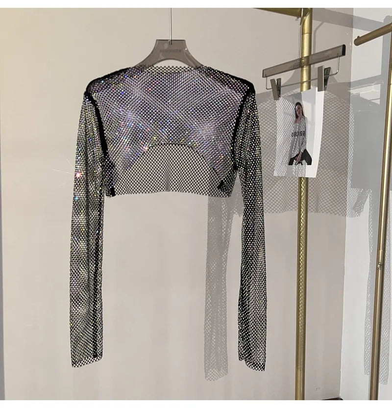 new sexy bright diamond short top Slim thin Ms. hot drill long-sleeved T-shirt sexy leak waist nightclub
