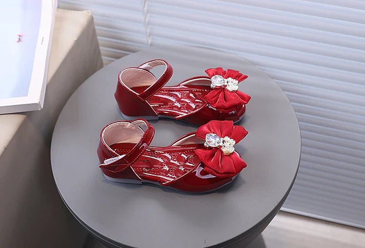 Girl's Fish Mouth Shoes with Rhinestone Bear Decos Prom Party Sandals for Kids Girl Nice Butterfly-knot Students Footwear I10281