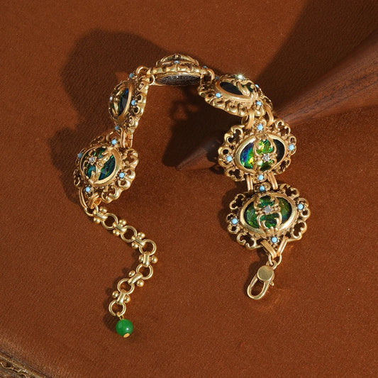 Vintage Green Opal Bracelet Natural Stone For Women Accessories Retro Jewelry Antique Gold Color Hollow Flower High Quality