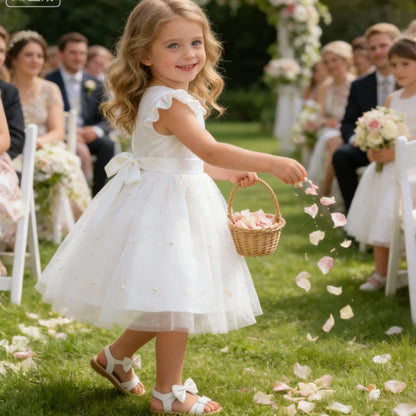 Girls White Wedding Pearls Elegant Pageant Princess Dress For Girls Backless Big Bow Wedding Bridesmaid Birthday Party Ball Gown