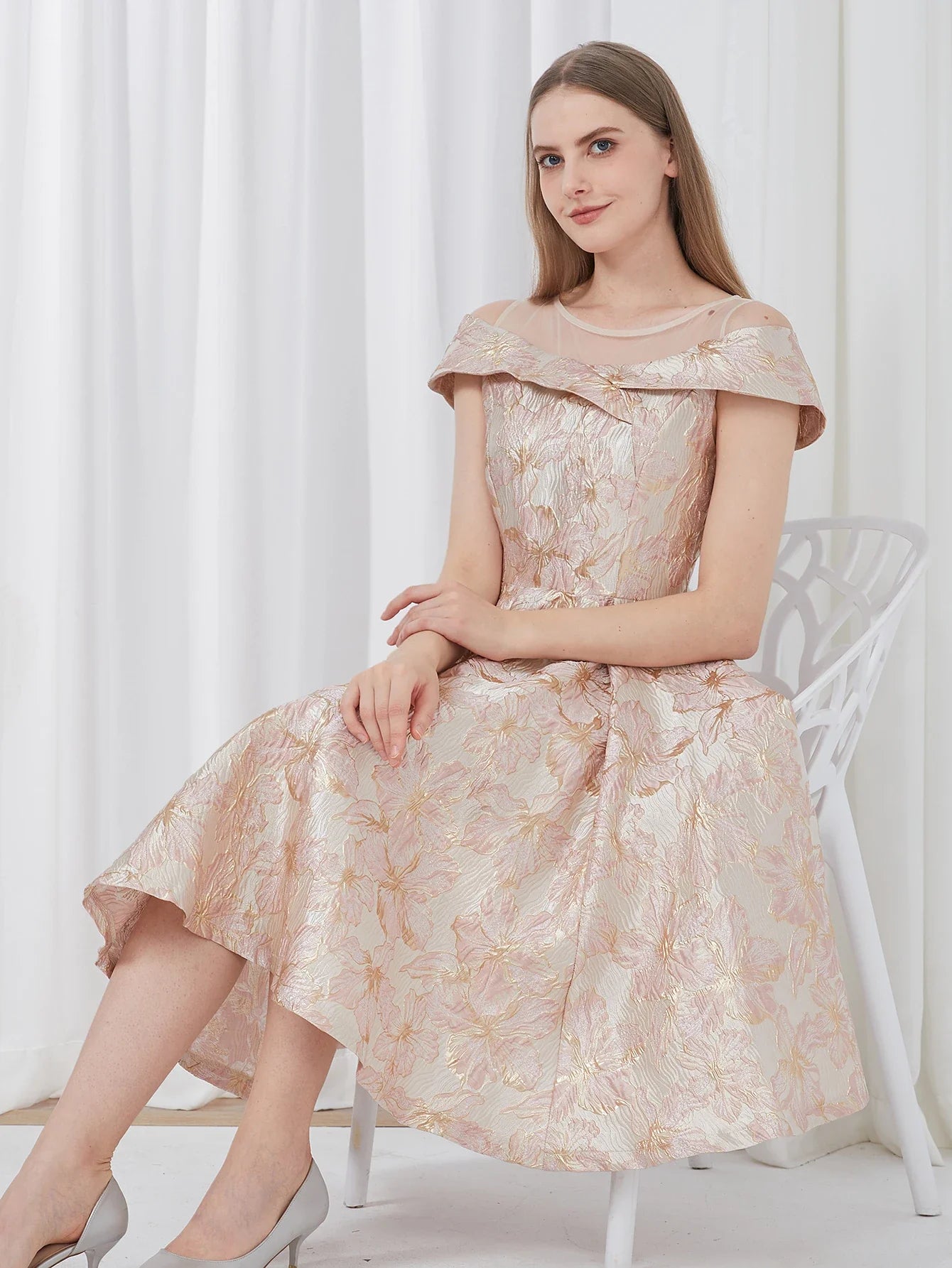 Luxury New Short Evening Dress Women Jacquard Patchwork Embroidery Party Dress Elegant A Line Floral Ball Gown Vestido