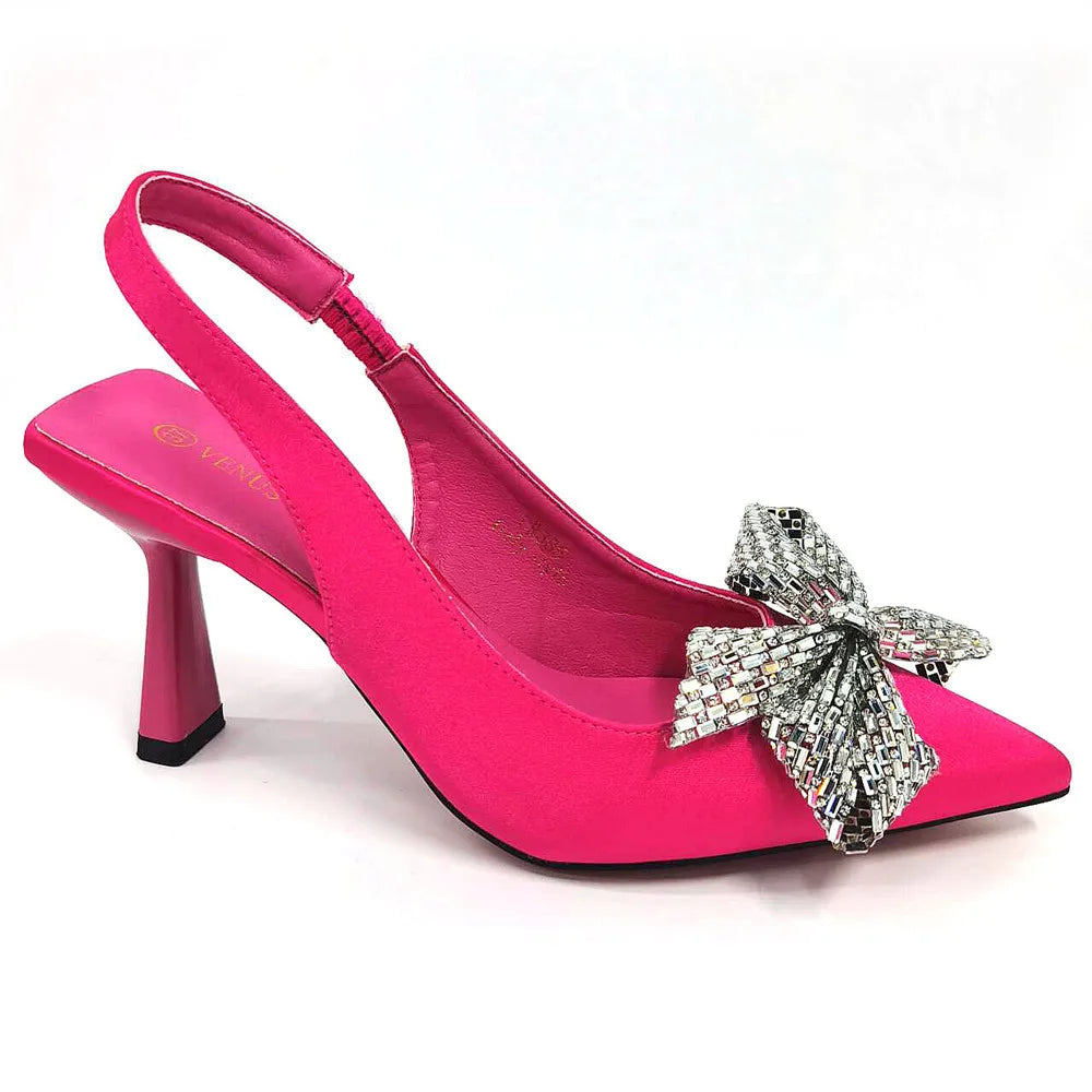 Italian Design Elegant Fuchsia Bow Rhinestone Pumps with Pointed Toe for Women 2024 Party Shoes and Bags Matching Set