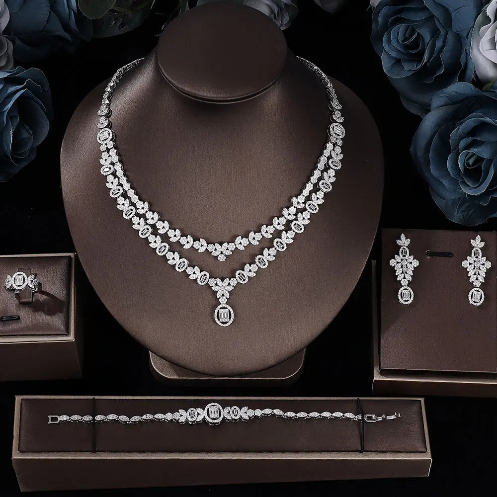 Bridal Zirconia For Women Party Luxury Dubai Necklace Bracelet Earringa Rings CZ Crystal Wedding Jewelry Sets