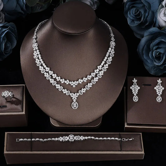 Bridal Zirconia For Women Party Luxury Dubai Necklace Bracelet Earringa Rings CZ Crystal Wedding Jewelry Sets