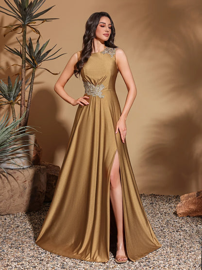 Asymmetrical applique sleeveless round neck slit back floor-length gown, women's long dress, party dress