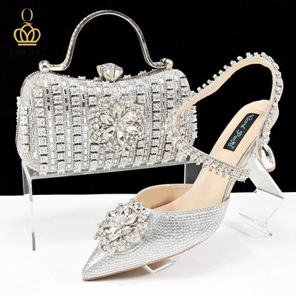 Italian Design Rhinestone-encrusted Ladies Party Women Shoes And Bag  Nigeria Gold Mini Bag Women High Heels