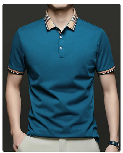 Fashion brand luxury short sleeve polo shirt men summer quality silky cotton breathable business casual striped collar T-shirt