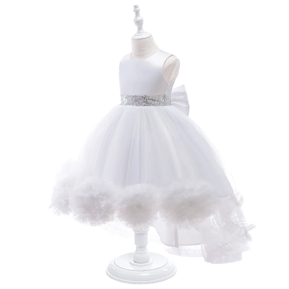 Elegant Trailing Flower Party Girls Dress Summer Wedding Bridesmaid Princess Prom Dress Girl Tull Bow Birthday Evening Ball Gown