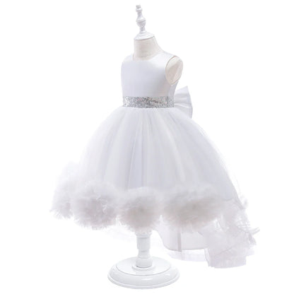 Elegant Trailing Flower Party Girls Dress Summer Wedding Bridesmaid Princess Prom Dress Girl Tull Bow Birthday Evening Ball Gown