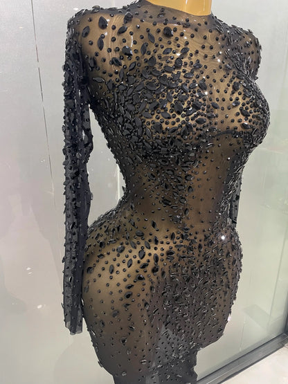 Shinny Rhinestone Stretch Mesh Transparent Long Dress 2025New Women Evening Birthday Party Prom Nightclub Singer Stage Wear