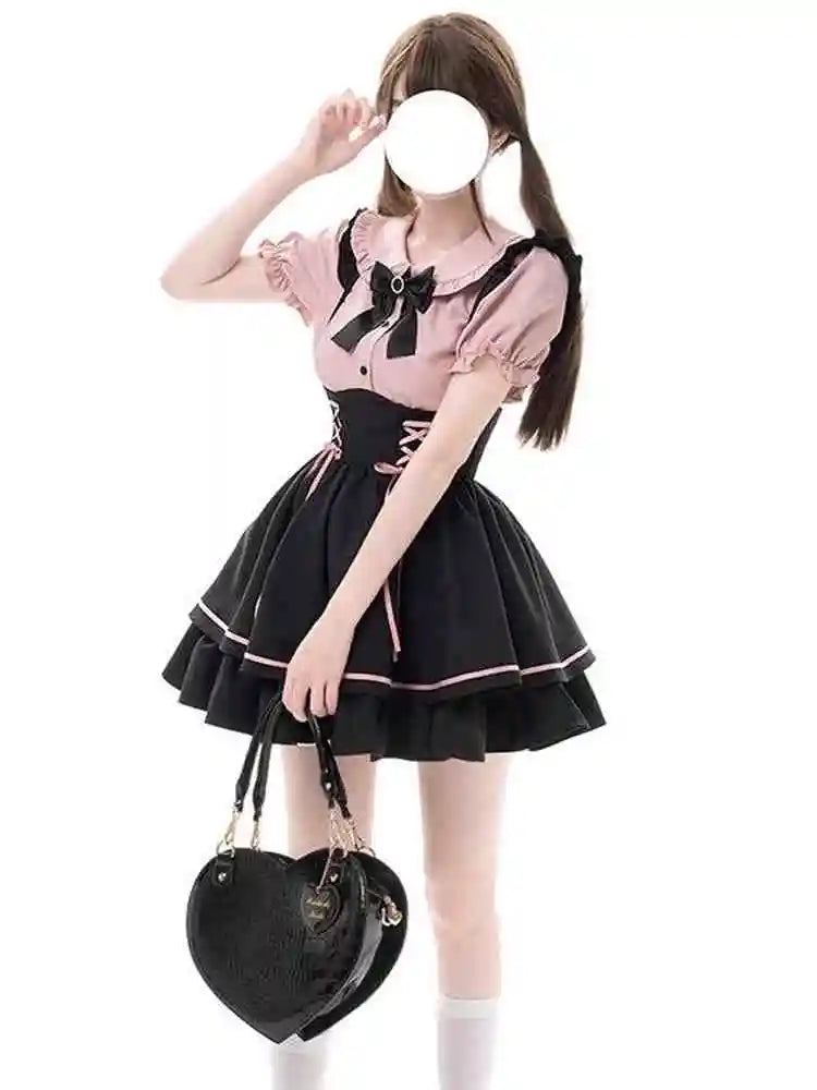 Cute Sweet Lolita Dr Set Women's School Sle Princ Skirt Blouse Two-Piece Set High Waist A-Line ort Sve Doll Collar