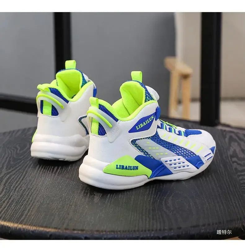 Kids Sneakers Basketball Shoes Boys Spring Fashion Rotating Button Anti-slip Shock Absorption School Students Sports Shoes