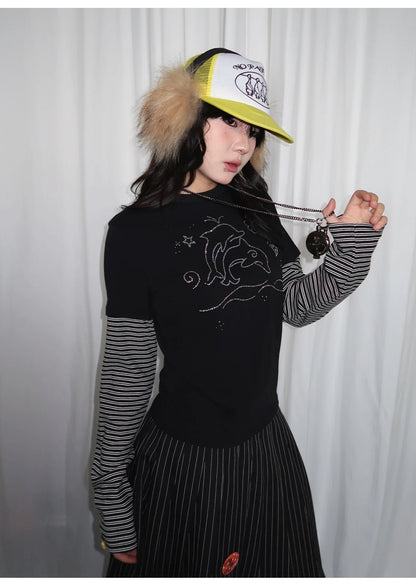 Y2k Vintage T-shirt Women Long Sleeve Patchwork Japanese 2000s Grunge Tops Streetwear American Retro Print Graphic Tops