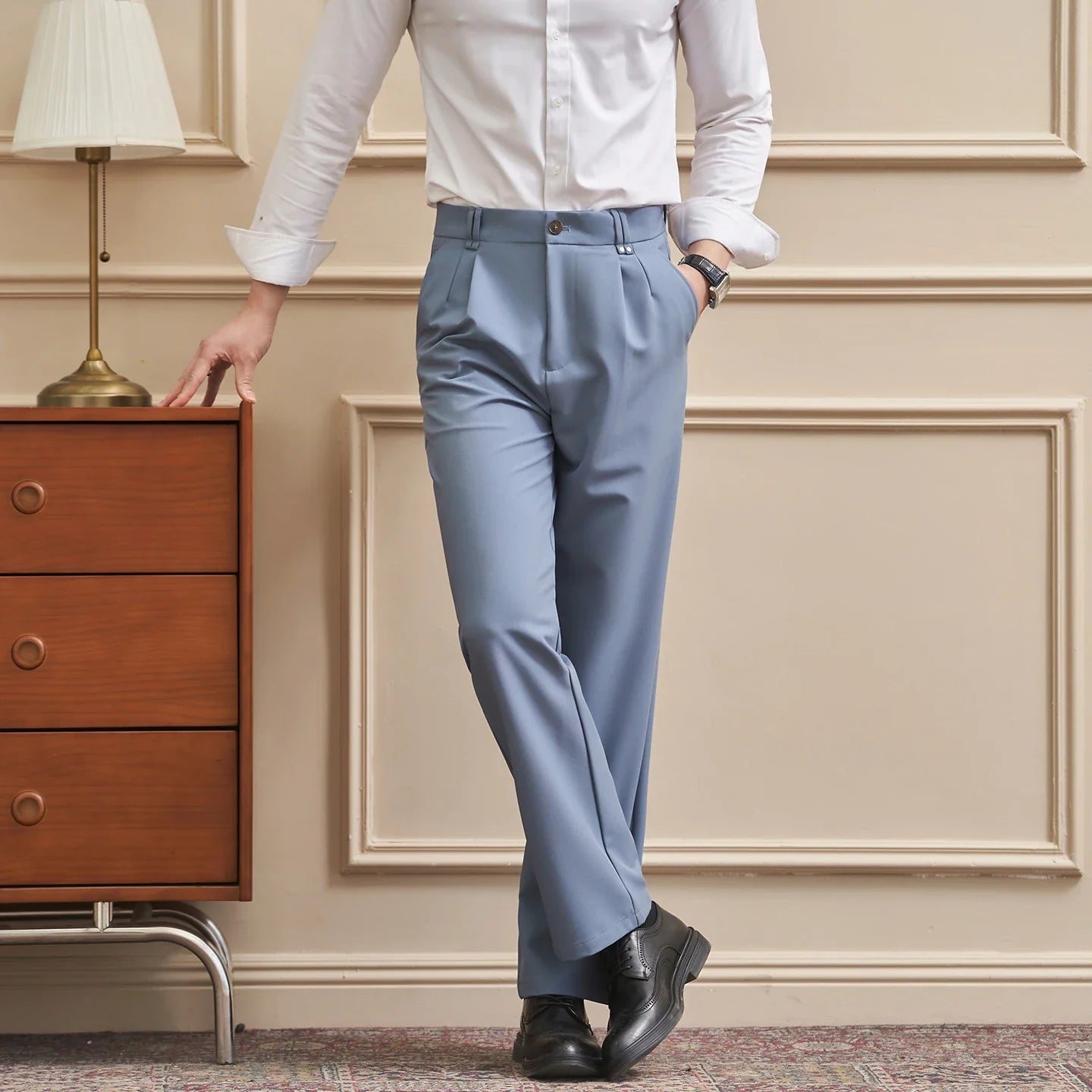 Men‘s Slim-Straight Fit Trousers for Spring & Summer Slim Fit Daily Work Trousers, Solid Color Street Suit Trousers
