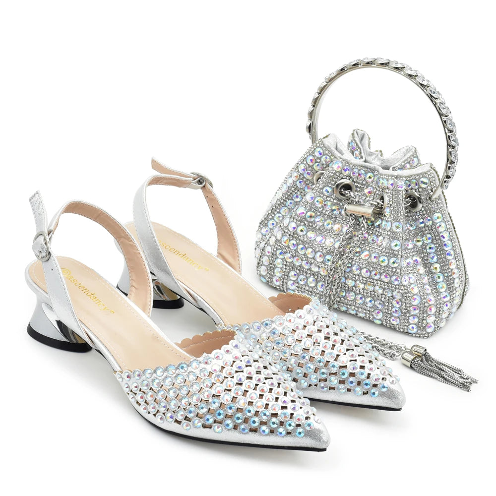 Fashion Italian Shoes with Matching Bags Set with Rhinestone African Shoes for Women Mid Heels Party Pumps Plus Size Heels 43