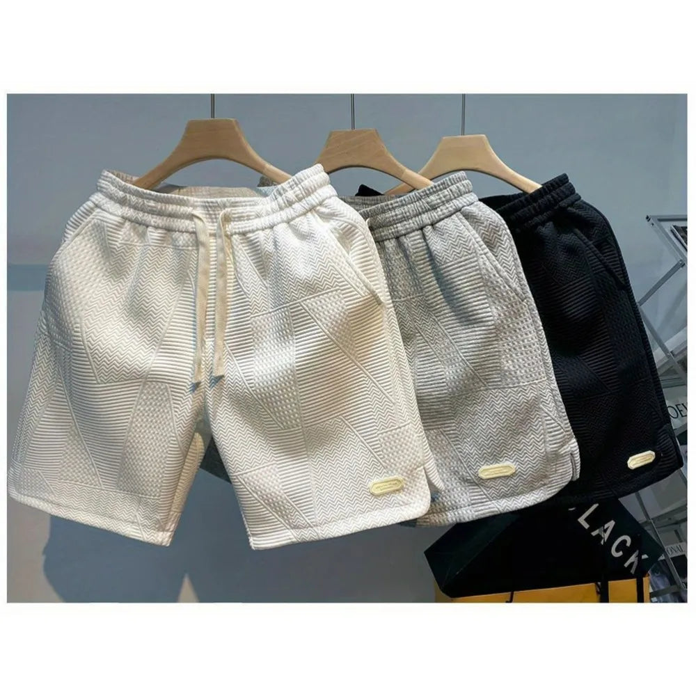 Shorts Men'S Casual Jogging Sport Short Pants Wave Pattern Solid Male Drawstring