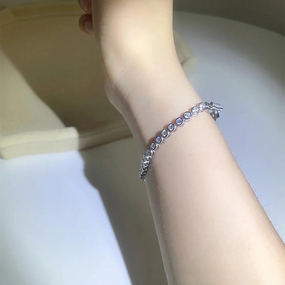 Round Bezel Set 3mm Zircon Bracelets for Women High Carbon Diamond 925 Sterling Silver 3 Styles Lock Buckles Fine Jewelry