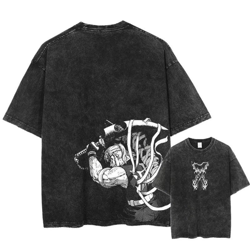 2025 Summer Men's Washes T-shirts Japanese Anime Demon Slayer Kyoujurou Graphic Clothing Harajuku Y2K Oversized Pure Cotton Tops