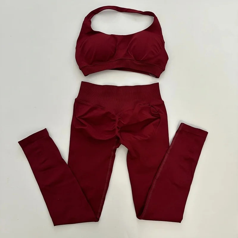 Yoga Legging Sets for Women Seamless Yoga Set Scrunch Butt Legging Set Workout Gym Suit with Halter Crop Top