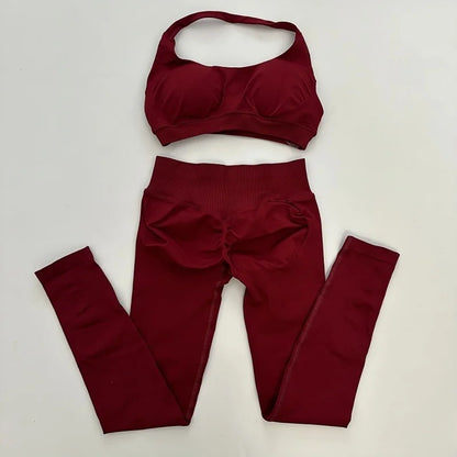 Yoga Legging Sets for Women Seamless Yoga Set Scrunch Butt Legging Set Workout Gym Suit with Halter Crop Top