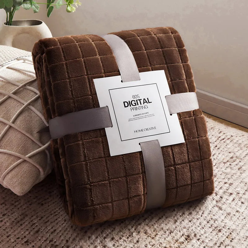 Luxury Grid Coral Velvet Blanket - Soft Fluffy Plush Throw, Thickened Warm for Sofa & Air-Condition Room, Flannel Back