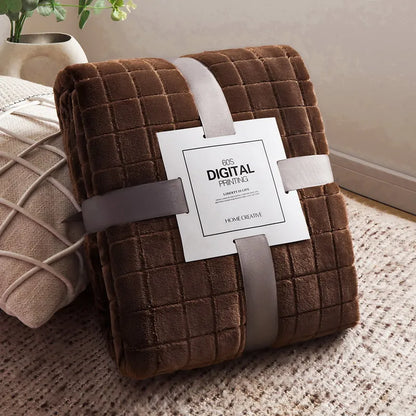 Luxury Grid Coral Velvet Blanket - Soft Fluffy Plush Throw, Thickened Warm for Sofa & Air-Condition Room, Flannel Back