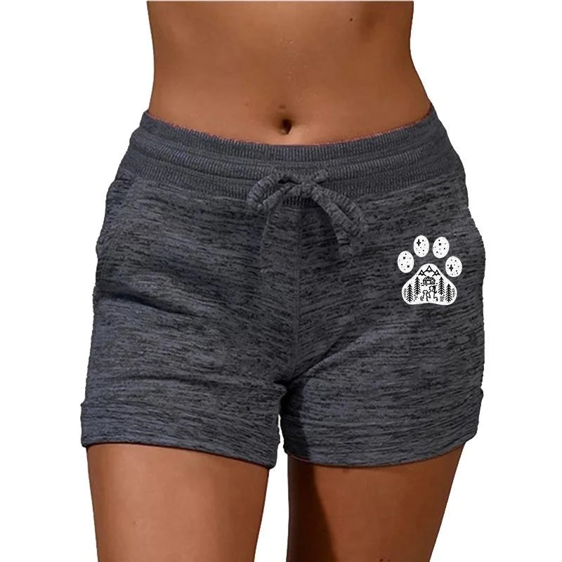 Fashion Cute Dog Paw Printed Women Shorts Summer Casual Plus Size Shorts Yoga Pants Elastic Waist Cotton Shorts