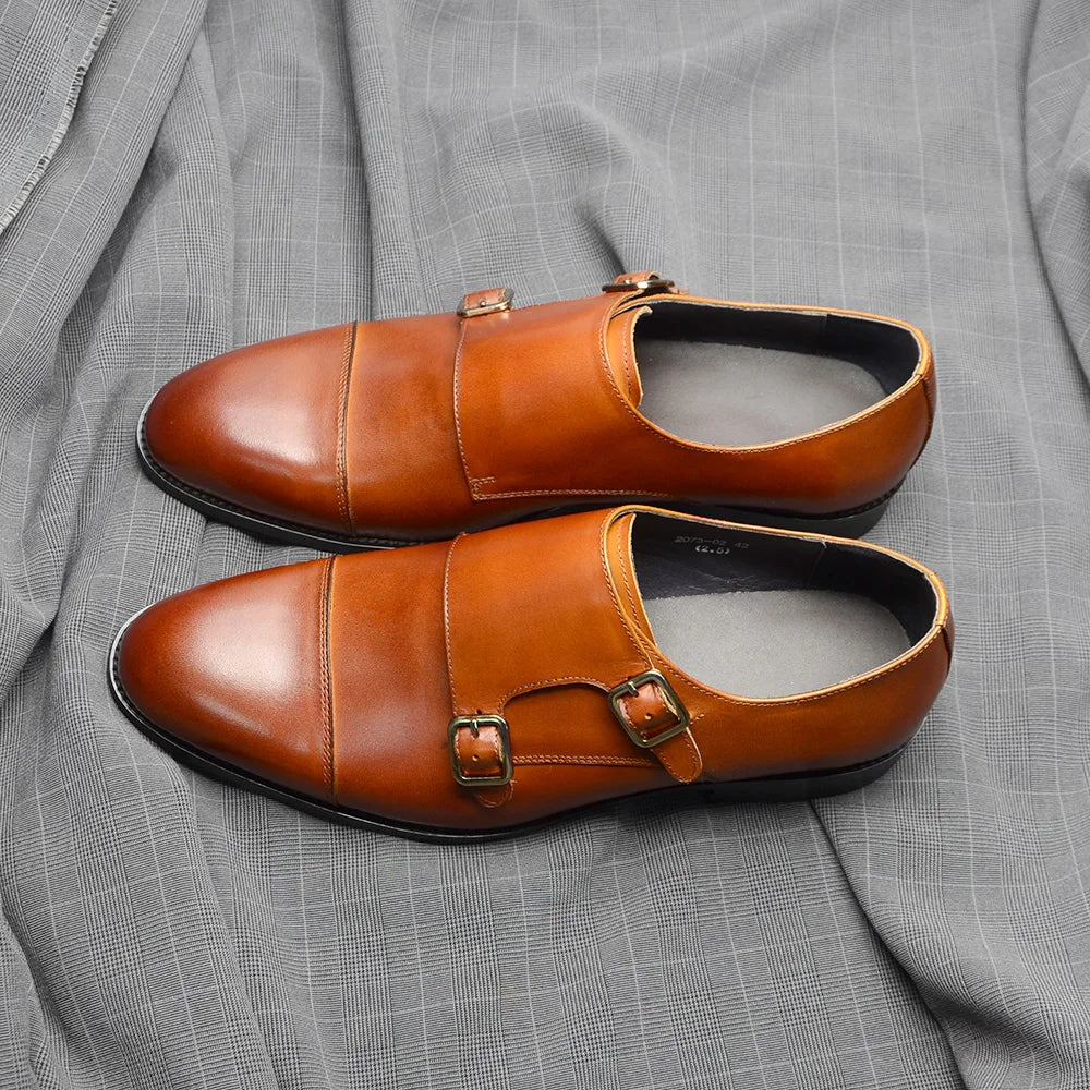 Luxury Men's Wedding Formal Shoes Genuine Leather Pure Brown Black Double Buckle Monk Strap Cap Toe Business Office Dress Shoes
