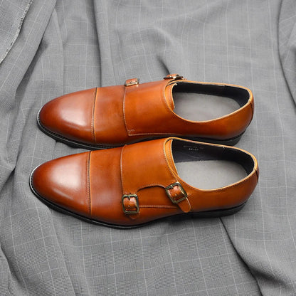 Luxury Men's Wedding Formal Shoes Genuine Leather Pure Brown Black Double Buckle Monk Strap Cap Toe Business Office Dress Shoes