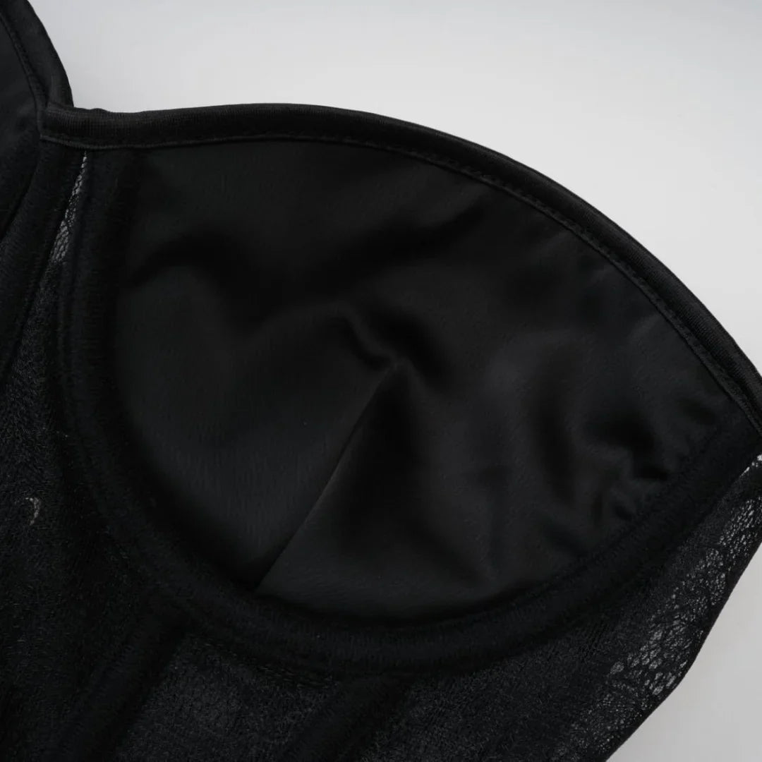 Black See Through Floral Lace Boned Push Up Cup Corset Lingerie Body Shaper Woman Bustier Crop Top Gothic Exotic Corsetto Nero